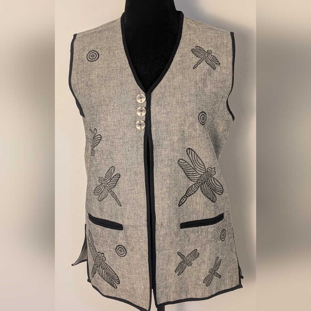Venus Imports Vest Womens Small Gray Black Canvas Dragonfly Print Button Front